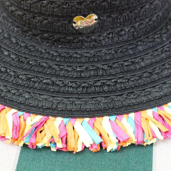 NWT Betsey Johnson Black Summer Hat With  Rainbow Fringe - Picture 4 of 6
